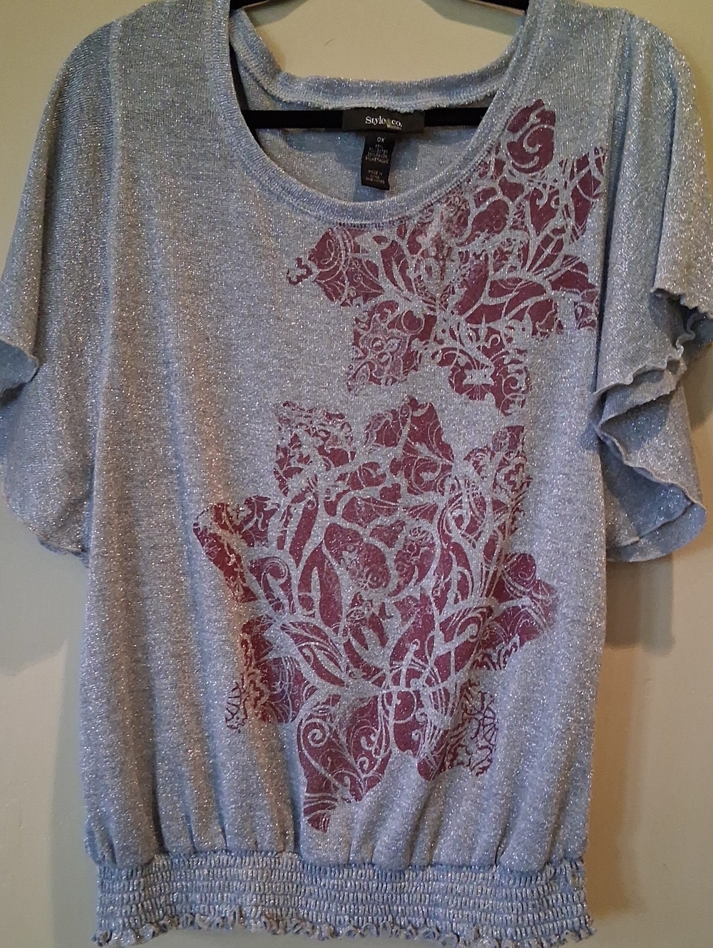 Style & Co. Silver Shimmer Short-Sleeve Tee with Purple Floral Print